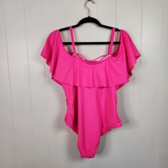 Shein Pink Off Shoulder One Piece Swimsuit Tummy Control Bathing Suit Ruffle 1X - Picture 4 of 9